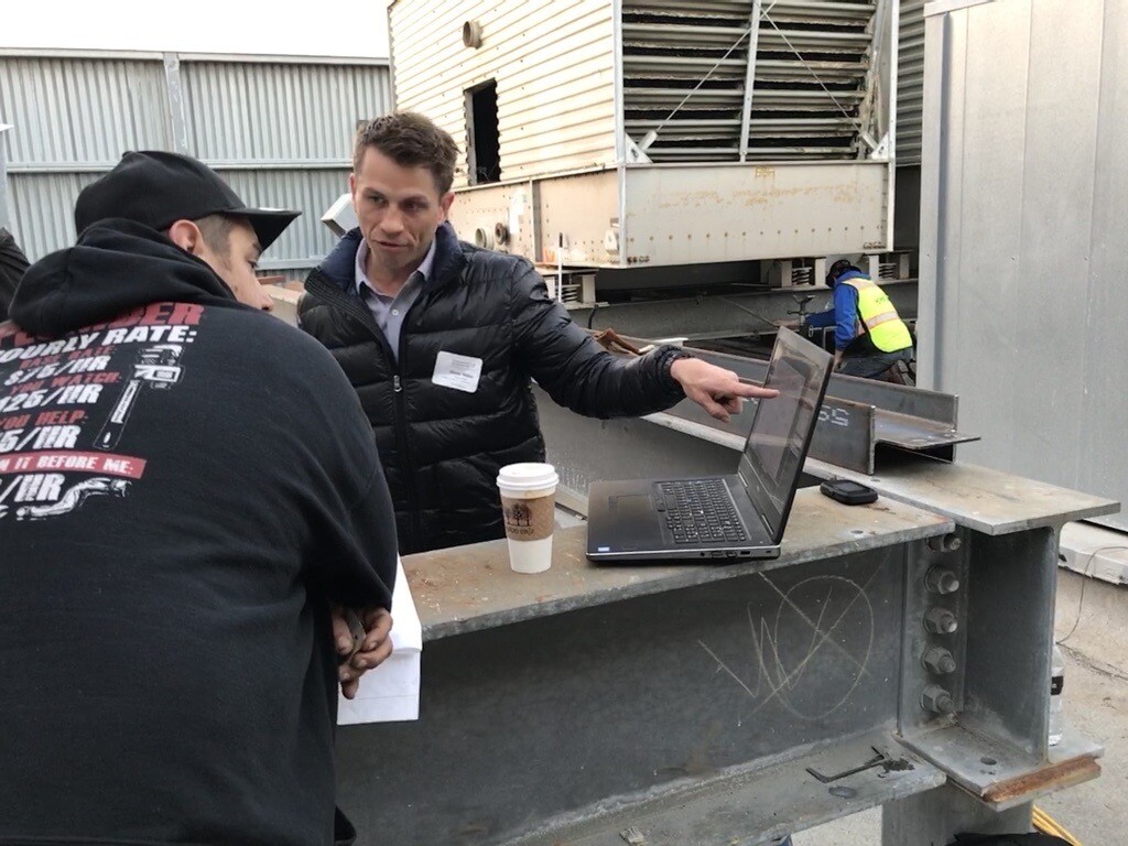 We're onsite with the general foreman going over the scanned model and piping design for a central plant replacement before Detailing and fabrication begin.